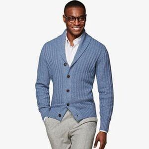 NWT‎ $169 SUITSUPPLY XL Blue Ribbed Shawl Collar Wool Cashmere Cardigan (Read)